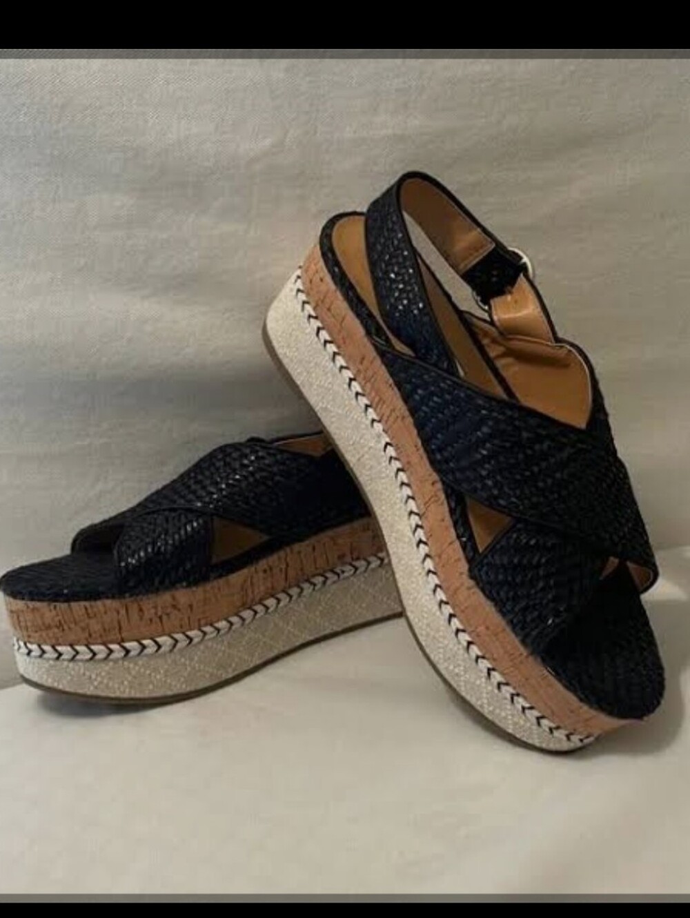Zara Black Woven Platform Sandals with Cork-Style Midsole 9/Euro 40 - Picture 1 of 4